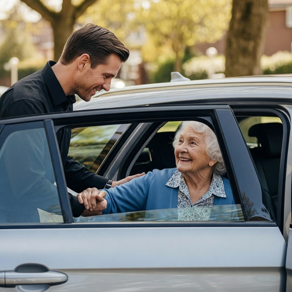 Un chauffeur de Transmove Taxi Occitanie accompagnant une dame à son rendez-vous médical