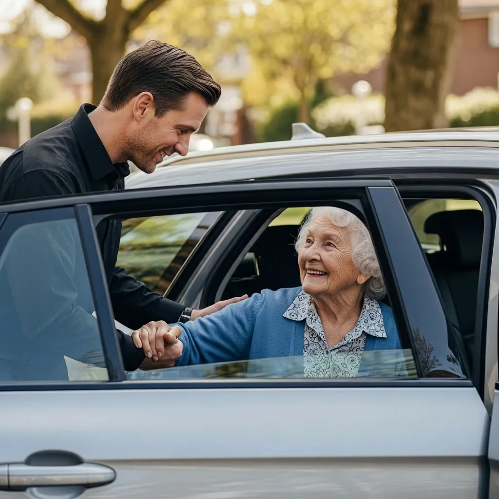 Un chauffeur de Transmove Taxi Occitanie accompagnant une dame à son rendez-vous médical